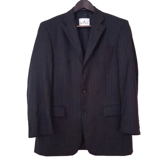 NAUTICA Charcoal Grey 100% Wool Men's Pinstripe Blazer Nelson Made in Canada 40R - Picture 1 of 7